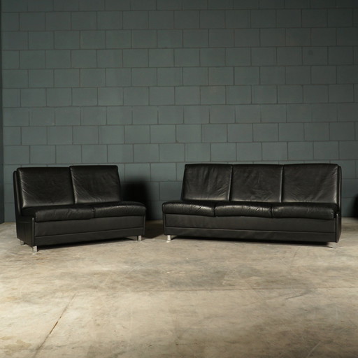 Set Midcentury Black Leather Sofas - 1960s