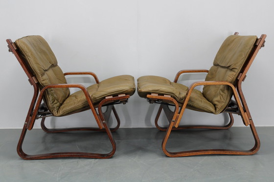 Image 1 of 1970S Pair Of Bentwood & Buffalo Leather Lounge Chairs By Giske Carlsen For Kleppe, Norway