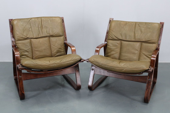 Image 1 of 1970S Pair Of Bentwood & Buffalo Leather Lounge Chairs By Giske Carlsen For Kleppe, Norway