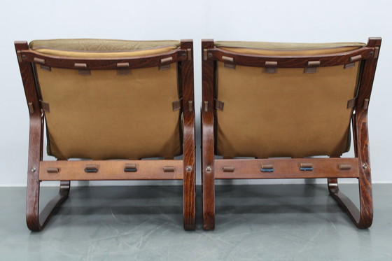 Image 1 of 1970S Pair Of Bentwood & Buffalo Leather Lounge Chairs By Giske Carlsen For Kleppe, Norway