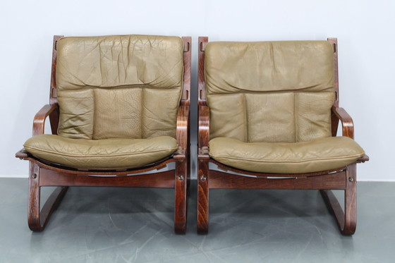 Image 1 of 1970S Pair Of Bentwood & Buffalo Leather Lounge Chairs By Giske Carlsen For Kleppe, Norway