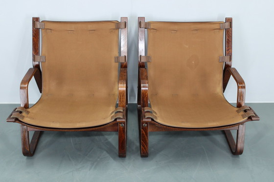 Image 1 of 1970S Pair Of Bentwood & Buffalo Leather Lounge Chairs By Giske Carlsen For Kleppe, Norway