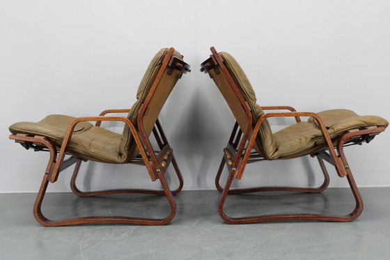 Image 1 of 1970S Pair Of Bentwood & Buffalo Leather Lounge Chairs By Giske Carlsen For Kleppe, Norway