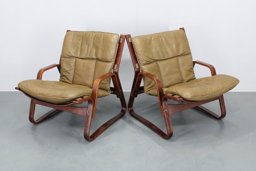 1970S Pair Of Bentwood & Buffalo Leather Lounge Chairs By Giske Carlsen For Kleppe, Norway