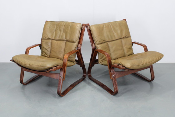 Image 1 of 1970S Pair Of Bentwood & Buffalo Leather Lounge Chairs By Giske Carlsen For Kleppe, Norway