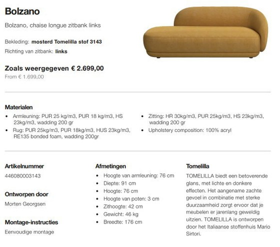 Image 1 of Bolzano, Chaise Longue Sofa Left - Mustard Tomelilla Fabric