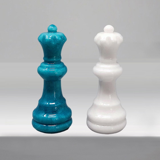 Image 1 of 1970s Gorgeous Turquoise and White Chess Set in Volterra Alabaster Handmade Made in Italy