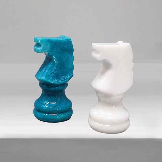 Image 1 of 1970s Gorgeous Turquoise and White Chess Set in Volterra Alabaster Handmade Made in Italy