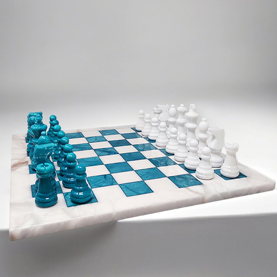 Image 1 of 1970s Gorgeous Turquoise and White Chess Set in Volterra Alabaster Handmade Made in Italy