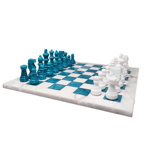 1970s Gorgeous Turquoise and White Chess Set in Volterra Alabaster Handmade Made in Italy