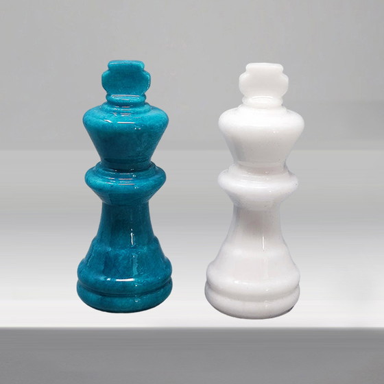 Image 1 of 1970s Gorgeous Turquoise and White Chess Set in Volterra Alabaster Handmade Made in Italy