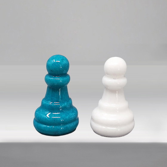 Image 1 of 1970s Gorgeous Turquoise and White Chess Set in Volterra Alabaster Handmade Made in Italy