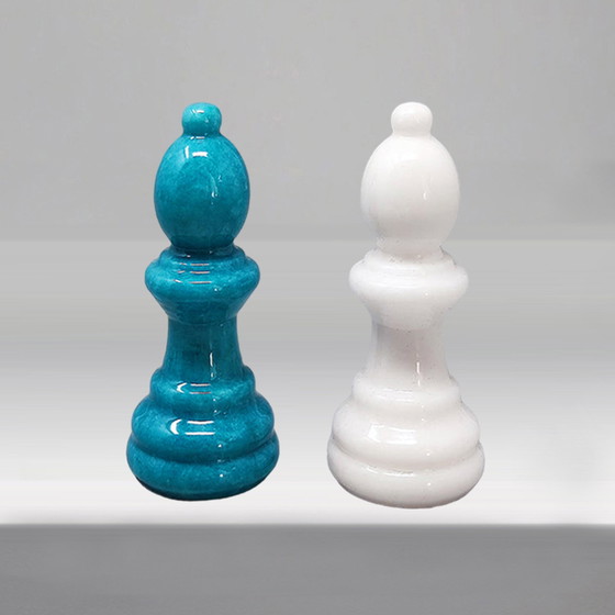 Image 1 of 1970s Gorgeous Turquoise and White Chess Set in Volterra Alabaster Handmade Made in Italy