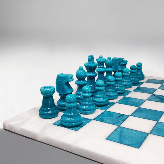 Image 1 of 1970s Gorgeous Turquoise and White Chess Set in Volterra Alabaster Handmade Made in Italy