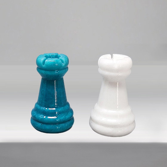 Image 1 of 1970s Gorgeous Turquoise and White Chess Set in Volterra Alabaster Handmade Made in Italy