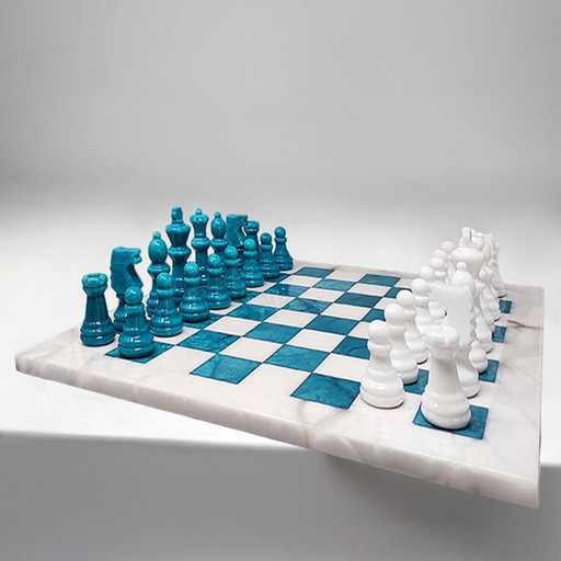 1970s Gorgeous Turquoise and White Chess Set in Volterra Alabaster Handmade Made in Italy