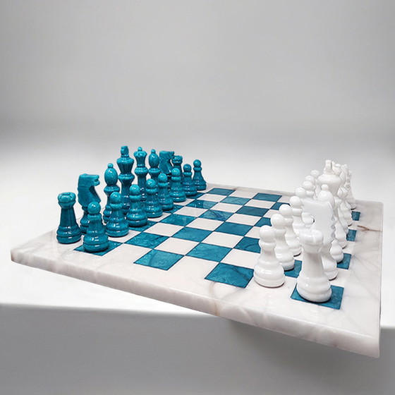 Image 1 of 1970s Gorgeous Turquoise and White Chess Set in Volterra Alabaster Handmade Made in Italy