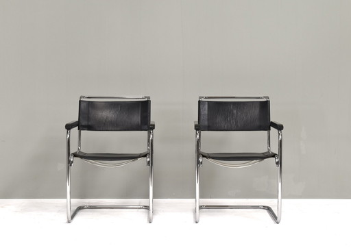 Thonet S34 Cantilever armchairs by Mart Stam in black leather and chrome – Germany, 1927