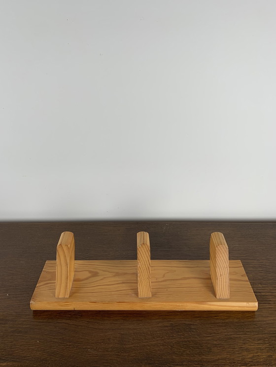 Image 1 of Wall coat rack with 3 solid pine coat hooks, Midcentury modern