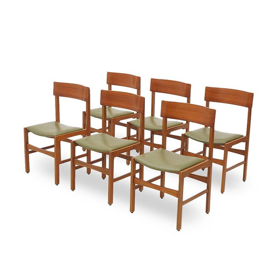 Image 1 of Set of 6 vintage chairs in teak and green imitation leather, Italy 1960