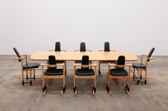 Image 1 of Stokke Ensemble de salle à manger grande table avec 8 chaises design Peter Opsvik,1990