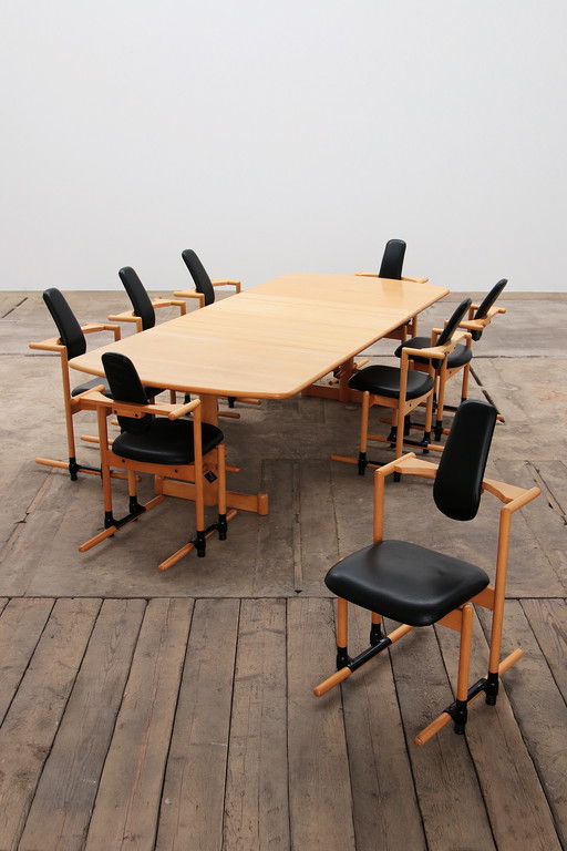 Stokke Ensemble de salle à manger grande table avec 8 chaises design Peter Opsvik,1990