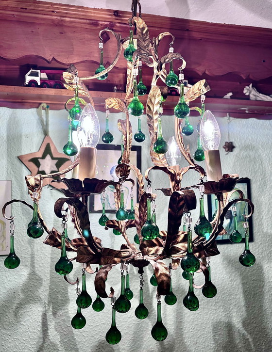 Image 1 of Italian chandelier with green Murano glass drops