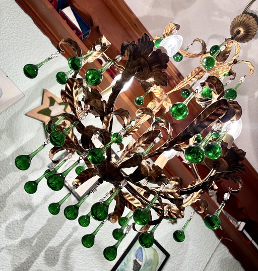 Italian chandelier with green Murano glass drops