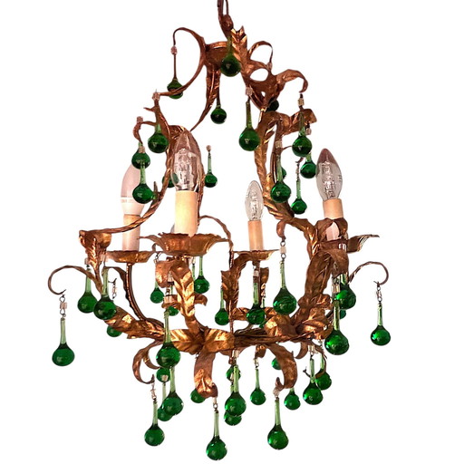 Italian chandelier with green Murano glass drops