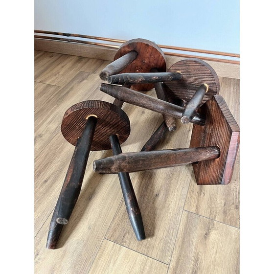 Image 1 of Set of 4 vintage tripod stools covered in cowhide