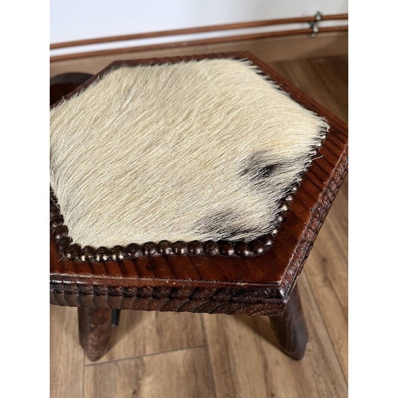 Image 1 of Set of 4 vintage tripod stools covered in cowhide