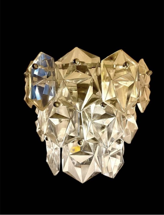 Image 1 of Kinkeldey Wall Lighting Glass Cut Pair With Brass Structure, Austria 1970