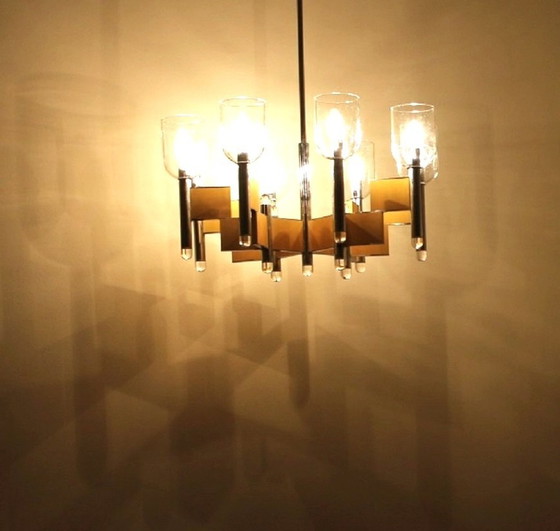 Image 1 of Gaetano Sciolari 8-Arm Brass And Glass Chandelier,