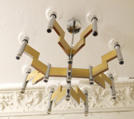 Image 1 of Gaetano Sciolari 8-Arm Brass And Glass Chandelier,