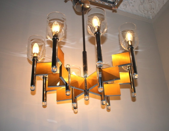 Image 1 of Gaetano Sciolari 8-Arm Brass And Glass Chandelier,