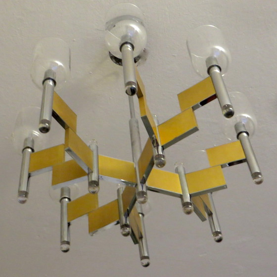 Image 1 of Gaetano Sciolari 8-Arm Brass And Glass Chandelier,