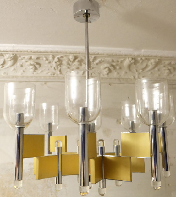 Image 1 of Gaetano Sciolari 8-Arm Brass And Glass Chandelier,