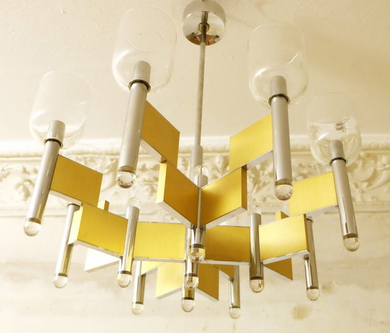 Image 1 of Gaetano Sciolari 8-Arm Brass And Glass Chandelier,