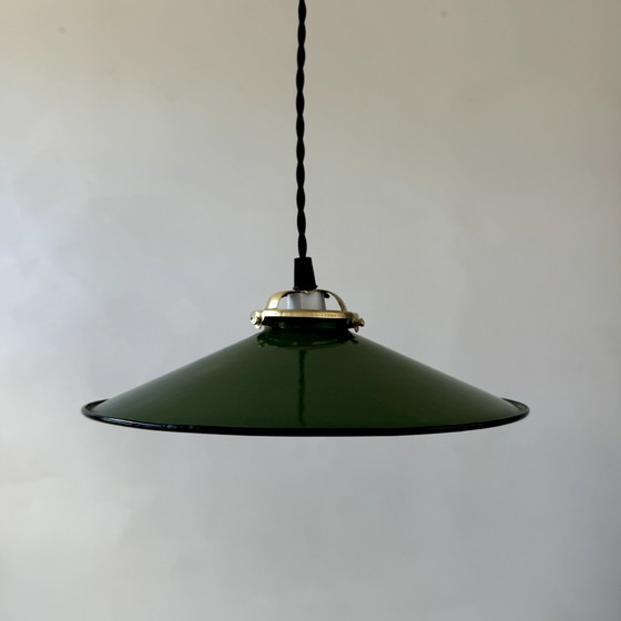 Image 1 of Antique Industrial Conical Enameled Hanging Lamp