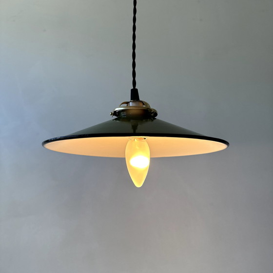 Image 1 of Antique Industrial Conical Enameled Hanging Lamp