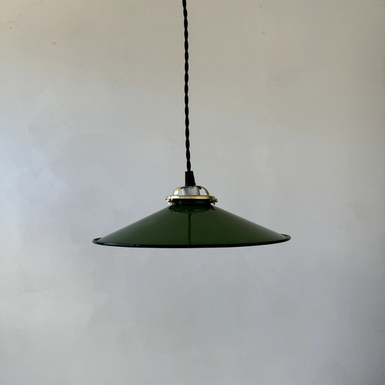 Image 1 of Antique Industrial Conical Enameled Hanging Lamp