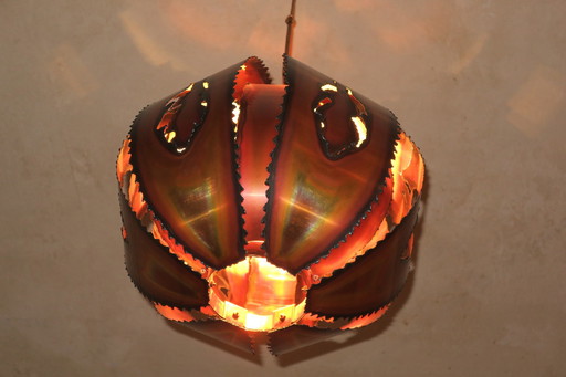 Brutalist Danish Torch Cut Copper Pendant Light, 1970S