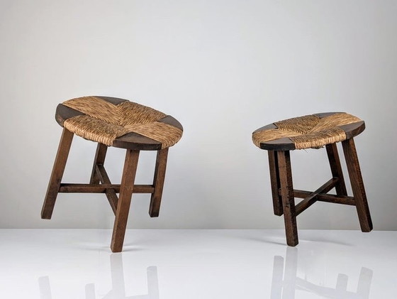 Image 1 of 2X Oak Stools With Rush Seat