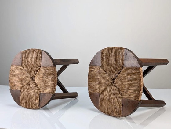 Image 1 of 2X Oak Stools With Rush Seat