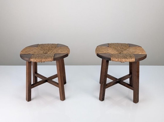 Image 1 of 2X Oak Stools With Rush Seat