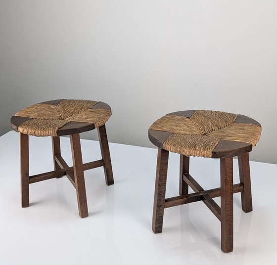 Image 1 of 2X Oak Stools With Rush Seat