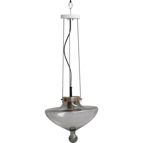 Image 1 of Pair of vintage pendant lamp in smoked glass and brass for Raak, Netherlands 1970
