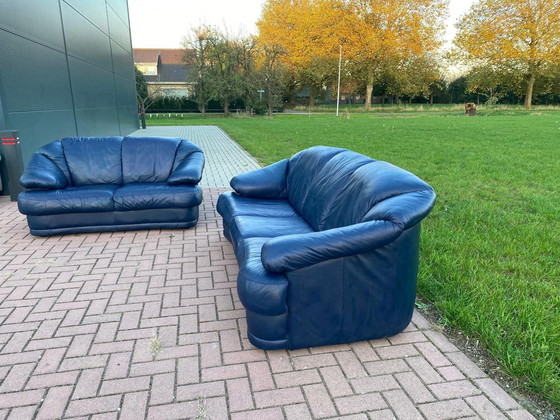 Image 1 of  3 + 2.5 Seater Blue Genuine Leather Sofa Set