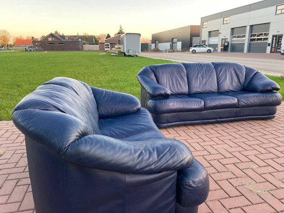 Image 1 of  3 + 2.5 Seater Blue Genuine Leather Sofa Set