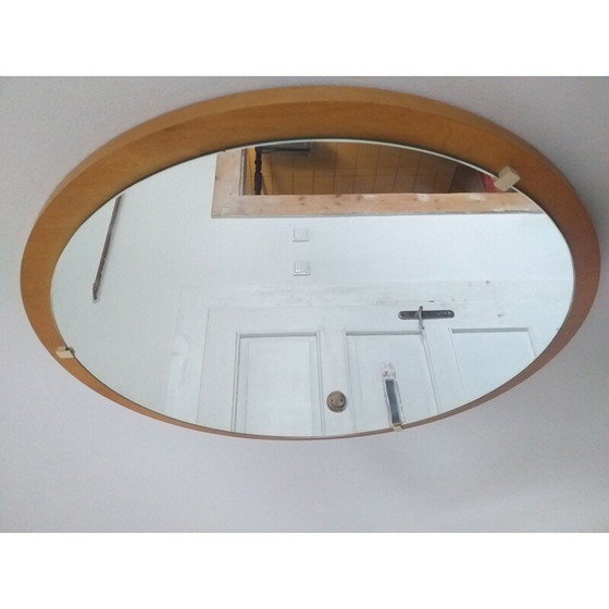 Image 1 of Midcentury Round Teak Veneer Wall Mirror, Denmark, 1960s